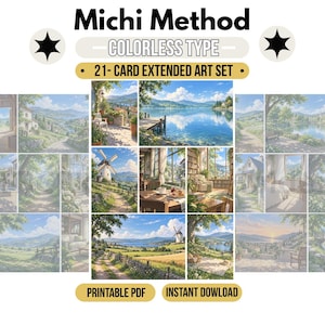 Peut inclure: Un ensemble de 21 cartes à art étendu intitulé Michi Method Colorless Type, présentant une collection d'illustrations de paysages. Les cartes montrent des villas, des lacs, des moulins et des intérieurs. Texte : Printable PDF et Instant Download.
