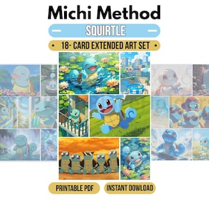 Może przedstawiać: Zestaw 18 kart z rozszerzoną grafiką zatytułowany Michi Method Squirtle, przedstawiający różne ilustracje niebieskiej postaci żółwia w różnych sceneriach, takich jak woda, krajobrazy miejskie i przyrodnicze. Tekst zawiera Michi Method, Squirtle, 18-Card Extended Art Set, Printable PDF oraz Instant Download.