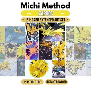 Può includere: Una collezione di 21 carte collezionabili che raffigurano l'uccello elettrico giallo Zapdos in vari stili artistici e pose. Il testo Michi Method, Zapdos, 21-Card Extended Art Set, Printable PDF e Instant Download è chiaramente visibile.
