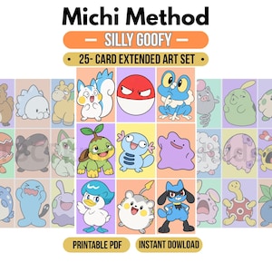 May include: A 25-card extended art set titled Michi Method Silly Goofy, featuring colourful cartoon illustrations of various creatures in a grid layout. The printable PDF includes characters like a blue frog, a red ball, and a purple blob.