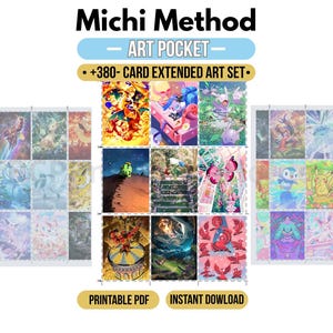 May include: A digital collection titled Michi Method Art Pocket featuring a 380-card extended art set. The display shows multiple rectangular trading card designs with colorful illustrations of various creatures in a grid layout. Includes printable PDF.