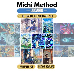 Puede incluir: Un conjunto de 18 cartas de arte extendido titulado Michi Method - Lucario. La colección presenta varias ilustraciones de la criatura bípeda azul y negra en diversos entornos, incluyendo bosques nevados, paisajes urbanos y campos. Incluye PDF imprimible.