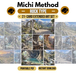 Op de afbeelding: Een Michi Method Rock Type 21-kaarten set met uitgebreide kunst, met diverse landschapsillustraties van rotsachtig terrein, stenen bogen en berglandschappen. Bevat tekstlabels voor een printbare PDF en directe download.