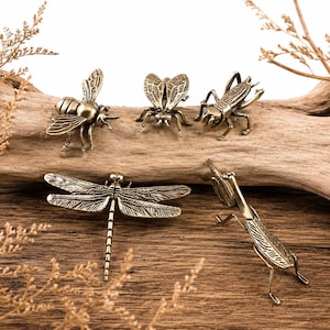 May include: A collection of brass insect figurines, including a bee, fly, grasshopper, dragonfly, and another grasshopper. The insects are arranged on a piece of driftwood, with a neutral background. The figurines are detailed and have a vintage aesthetic.