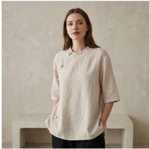 Blue Linen Cotton Blend Blouse, Traditional Frog Button Top, Loose Fit 3/4 Sleeve Shirt for Women