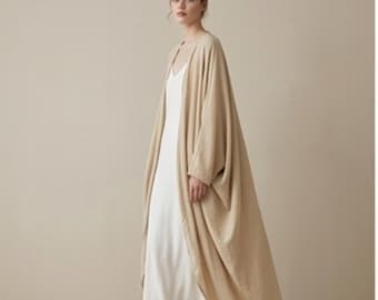 Übergroße Leinen-Strickjacke für Damen, hellgrauer, langer Kimono mit Fledermausärmeln, fließender Leinen-Staubmantel