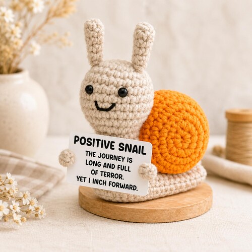 Caracol amigurumi de ganchillo hecho a mano, decoración de escritorio con cita positiva, regalo motivacional