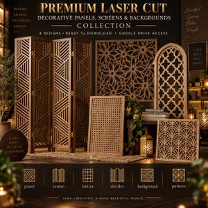May include: A collection of brown laser-cut decorative panels, screens, and backgrounds featuring various geometric and floral patterns. The text reads: PREMIUM LASER CUT DECORATIVE PANELS, SCREENS & BACKGROUNDS COLLECTION, 8 DESIGNS, READY TO DOWNLOAD, GOOGLE DRIVE ACCESS.