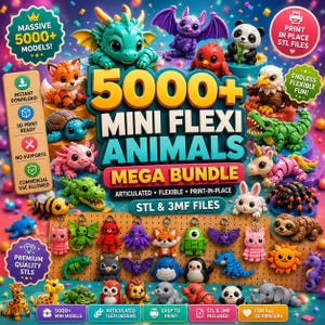 May include: A vibrant image showcasing a collection of 3D-printed mini flexi animals. The image features a variety of colorful creatures, including dragons, pandas, and foxes. Text on the image reads "5000+ Mini Flexi Animals Mega Bundle" and "Print in Place STL Files".
