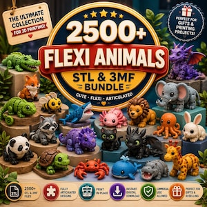 May include: A collection of 3D-printed flexi animal models, including a crocodile, fox, bee, shark, axolotl, lion, octopus, rabbit, panda, turtle, crab, whale, hippo, and giraffe. The image includes text that says "2500+ Flexi Animals STL & 3MF Bundle".