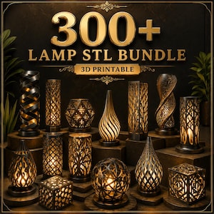 Puede incluir: Una colección de varios diseños de lámparas imprimibles en 3D en un paquete digital etiquetado 300+ LAMP STL BUNDLE. Las lámparas presentan intrincados patrones recortados en tonos metálicos oscuros, iluminadas desde dentro con luz cálida.