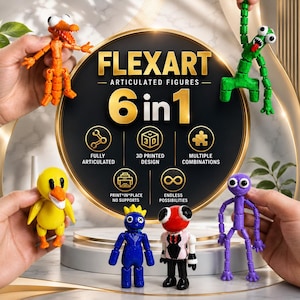 May include: Six articulated figures in orange, green, yellow, blue, red, and purple colors. A central circular sign displays the text FLEXART ARTICULATED FIGURES 6 in 1, along with icons and labels for fully articulated, 3D printed, and combinations.