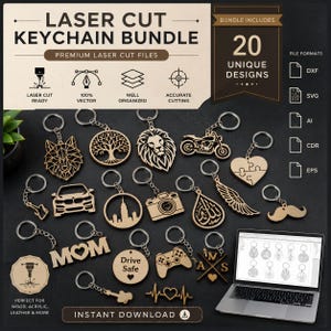 Puede incluir: Un paquete digital de 20 diseños de llaveros cortados con láser que incluyen varias formas como un lobo, árbol, león, motocicleta, corazón rompecabezas, coche, cámara, bigote, mando de juego y texto. Incluye formatos DXF, SVG, AI, CDR y EPS.