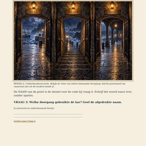 May include: A document page titled VRAAG 3 / BEWIJS featuring the text Bekijk de vloer, controleer dan de tijd above an image of three stone archways labeled GULL, ANCHOR, and WAVE, each showing a dark, stormy coastal scene with stone stairs.