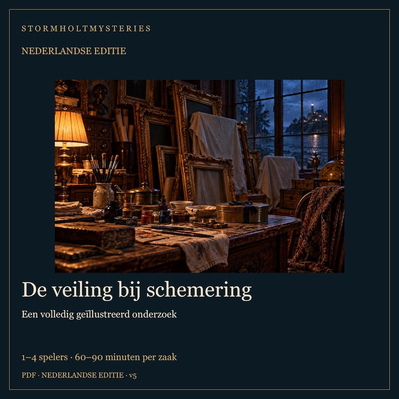 Op de afbeelding: Een speldoos met de titel Stormholt Mysteries: De veiling bij schemering, met een donkere, sfeervolle studeerkamer vol goudkleurige lijsten, een brandende lamp en schildersbenodigdheden, uitkijkend op een nachtelijk zeegezicht met vuurtoren.