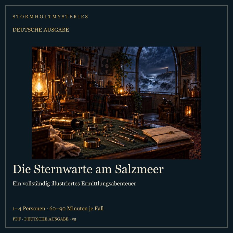 May include: A game box cover titled Stormholt Mysteries: Die Sternwarte am Salzmeer. The image shows a dark, cluttered study with a green desk, brass instruments, a glowing lantern, and a window overlooking a stormy sea with a lighthouse.
