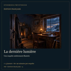 May include: A digital game cover titled Stormholt Mysteries, &Eacute;dition Fran&ccedil;aise, La derni&egrave;re lumi&egrave;re. The image depicts a dark, cozy room with a stone fireplace, a wooden desk, a chair, and a window overlooking a stormy sea with a lighthouse.