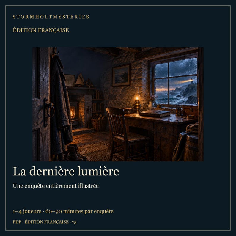 May include: A digital game cover titled Stormholt Mysteries, &Eacute;dition Fran&ccedil;aise, La derni&egrave;re lumi&egrave;re. The image depicts a dark, cozy room with a stone fireplace, a wooden desk, a chair, and a window overlooking a stormy sea with a lighthouse.