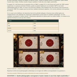 Puede incluir: Una p&aacute;gina de documento titulada La m&eacute;moire des mat&eacute;riaux que presenta una tabla con cuatro entradas para AIR, FIRE, EARTH y WATER, y cuatro fotograf&iacute;as etiquetadas de sobres marcados A, B, C y D, cada uno sellado con un sello de cera roja.