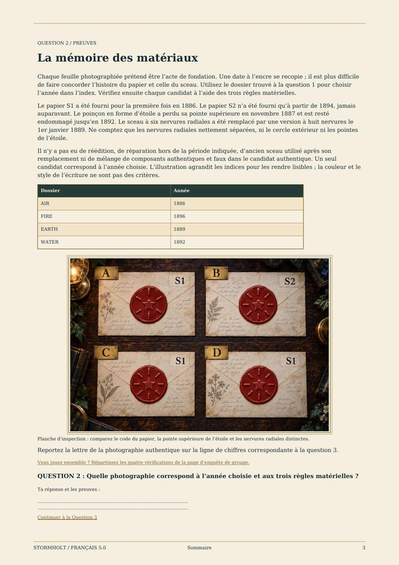 Puede incluir: Una p&aacute;gina de documento titulada La m&eacute;moire des mat&eacute;riaux que presenta una tabla con cuatro entradas para AIR, FIRE, EARTH y WATER, y cuatro fotograf&iacute;as etiquetadas de sobres marcados A, B, C y D, cada uno sellado con un sello de cera roja.