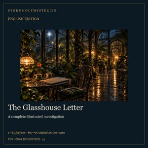 May include: Stormholt Mysteries English Edition The Glasshouse Letter, a complete illustrated investigation. The image shows a dark, rainy night inside a glasshouse with a table, two cups, a lamp, and a chair, with text indicating 1-4 players.