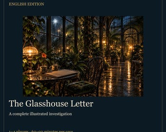 May include: Stormholt Mysteries English Edition The Glasshouse Letter, a complete illustrated investigation. The image shows a dark, rainy night inside a glasshouse with a table, two cups, a lamp, and a chair, with text indicating 1-4 players.
