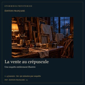May include: A dark-themed game cover titled Stormholt Mysteries, Edition Fran&ccedil;aise, La vente au cr&eacute;puscule. The image shows a dimly lit, cluttered artist studio with a glowing lamp, empty picture frames, and a window view of a lighthouse at night.