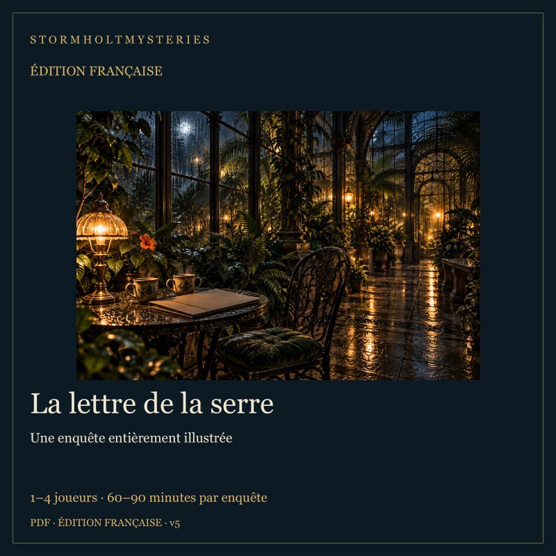 Puede incluir: Una cubierta de producto azul oscuro titulada STORMHOLTMYSTERIES &Eacute;DITION FRAN&Ccedil;AISE y La lettre de la serre. La imagen central muestra un invernadero oscuro de noche con una mesa, dos tazas, un libro, una l&aacute;mpara y una silla entre plantas.