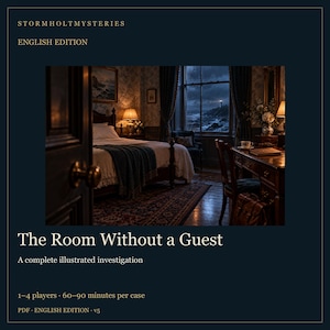 Op de afbeelding: Stormholt Mysteries English Edition, The Room Without a Guest, een compleet ge&iuml;llustreerd onderzoek voor 1-4 spelers, 60-90 minuten per zaak. De afbeelding toont een donkere, sfeervolle slaapkamer met een bed, bureau en uitzicht op een vuurtoren.