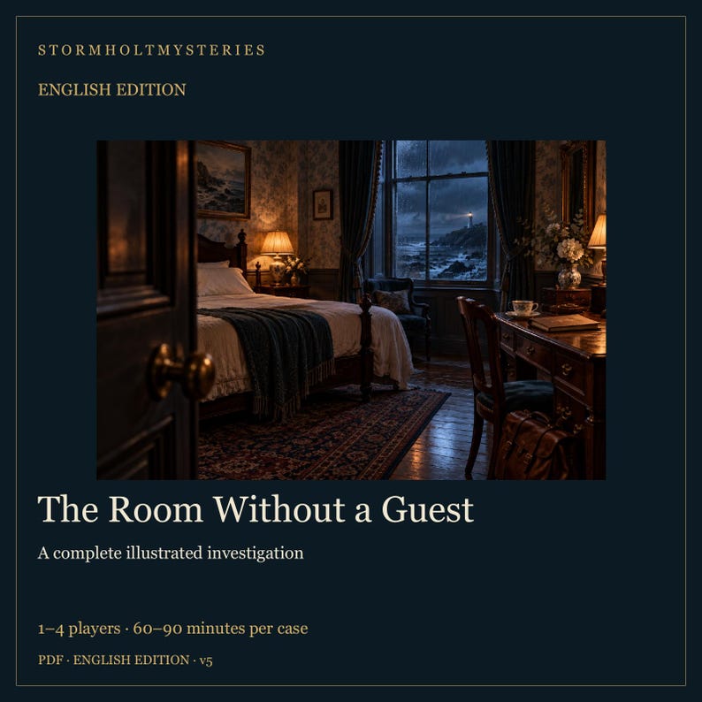 Op de afbeelding: Stormholt Mysteries English Edition, The Room Without a Guest, een compleet ge&iuml;llustreerd onderzoek voor 1-4 spelers, 60-90 minuten per zaak. De afbeelding toont een donkere, sfeervolle slaapkamer met een bed, bureau en uitzicht op een vuurtoren.