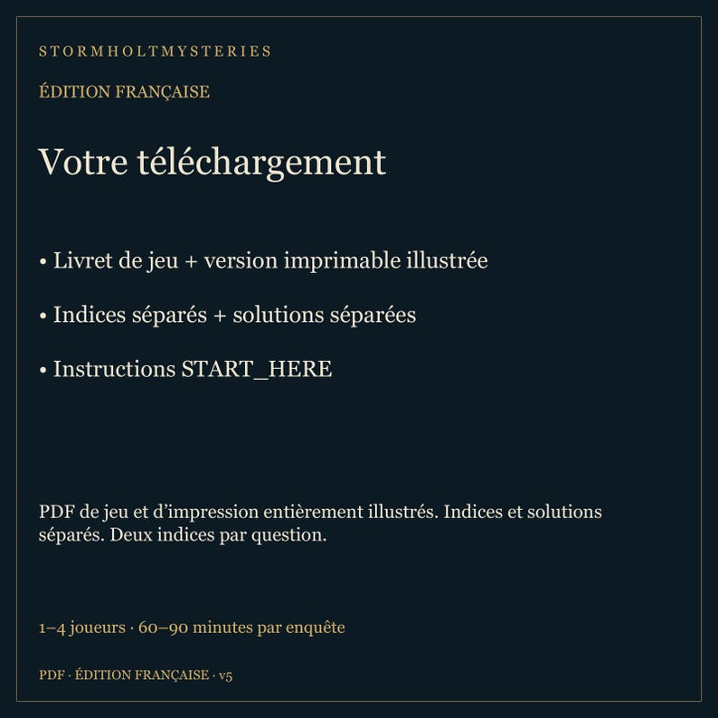 Puede incluir: Una hoja de informaci&oacute;n digital azul oscuro para Stormholt Mysteries, &Eacute;dition Fran&ccedil;aise. Enumera componentes del juego incluyendo un folleto, versi&oacute;n imprimible, pistas, soluciones e instrucciones. Especifica 1-4 jugadores y 60-90 minutos.