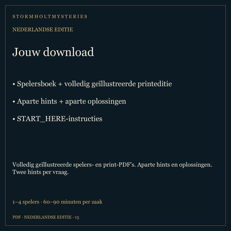 May include: A dark blue digital download information card titled Stormholt Mysteries Nederlandse Editie. It lists contents including a player book, illustrated print edition, hints, solutions, and instructions for 1-4 players, 60-90 minutes.