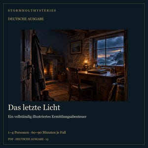 Puede incluir: Una portada de juego digital titulada Stormholt Mysteries: Das letzte Licht, Ein vollst&auml;ndig illustriertes Ermittlungsabenteuer. La imagen muestra una habitaci&oacute;n oscura y acogedora con una chimenea, un escritorio de madera, una silla y una ventana con vistas a un mar tormentoso con un faro.