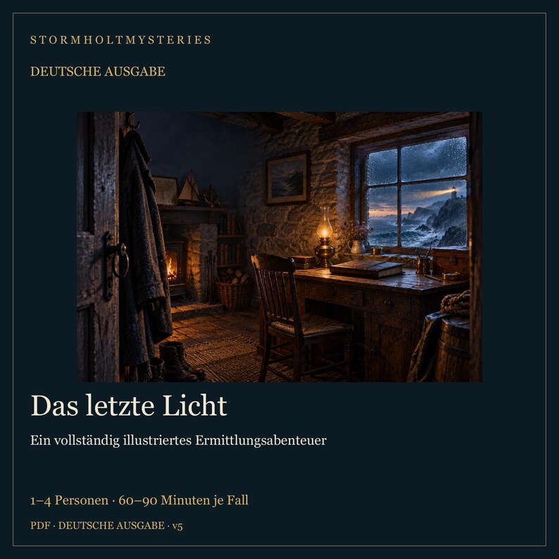 Puede incluir: Una portada de juego digital titulada Stormholt Mysteries: Das letzte Licht, Ein vollst&auml;ndig illustriertes Ermittlungsabenteuer. La imagen muestra una habitaci&oacute;n oscura y acogedora con una chimenea, un escritorio de madera, una silla y una ventana con vistas a un mar tormentoso con un faro.