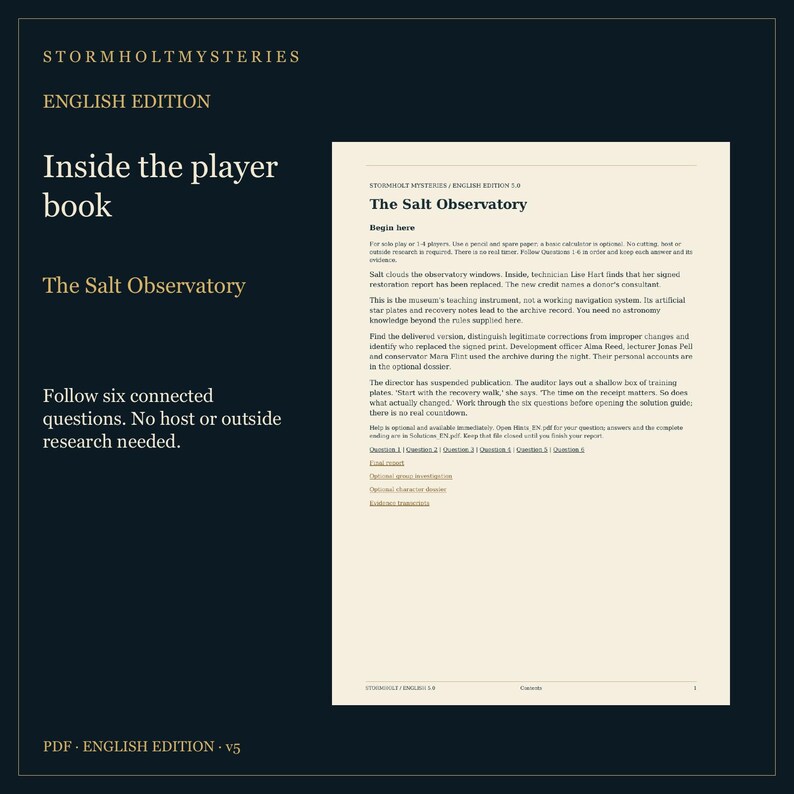 Puede incluir: Un documento digital titulado Stormholt Mysteries English Edition 1.0 que presenta The Salt Observatory. El texto proporciona instrucciones para 1-4 jugadores, detallando un misterio que involucra a la t&eacute;cnica Lise Hart y seis preguntas.