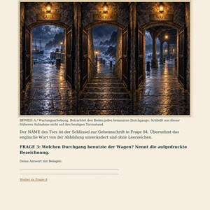 Puede incluir: Una p&aacute;gina titulada FRAGE 3 / BEWEISE que muestra tres arcos de piedra etiquetados como GULL, ANCHOR y WAVE. Cada arco revela una escena costera oscura y tormentosa con suelos de piedra mojados, faroles y puertas de hierro.