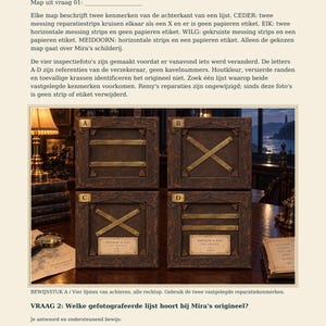 Op de afbeelding: Een documentpagina getiteld Reparaties die hun maker overleefden met vier donkerbruine houten fotolijsten gelabeld A, B, C en D. Elke lijst toont verschillende configuraties van messing strips en papieren etiketten op de achterzijde.