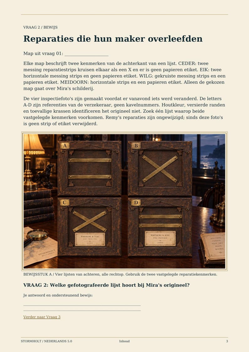 Op de afbeelding: Een documentpagina getiteld Reparaties die hun maker overleefden met vier donkerbruine houten fotolijsten gelabeld A, B, C en D. Elke lijst toont verschillende configuraties van messing strips en papieren etiketten op de achterzijde.
