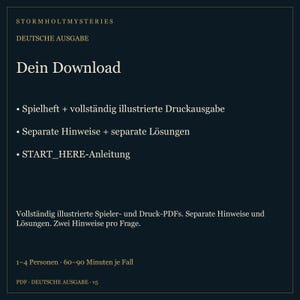 May include: A dark blue digital download information card for Stormholt Mysteries, German edition. It lists contents including a game booklet, illustrated print edition, separate hints, solutions, and a START_HERE guide for 1-4 players.