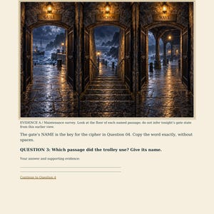 May include: A document page titled Question 3 Evidence Read the floor, then the time, featuring an illustration of three stone archways labelled GULL, ANCHOR, and WAVE, each opening to a dark, stormy coastal scene with wet stone floors and lanterns.