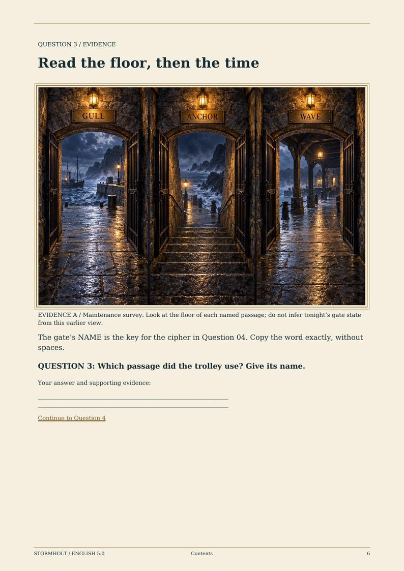 May include: A document page titled Question 3 Evidence Read the floor, then the time, featuring an illustration of three stone archways labelled GULL, ANCHOR, and WAVE, each opening to a dark, stormy coastal scene with wet stone floors and lanterns.
