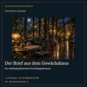 K&ouml;nnte beinhalten: Ein digitales Buchcover mit dem Titel Stormholt Mysteries: Der Brief aus dem Gew&auml;chshaus. Das Bild zeigt das Innere eines dunklen, verregneten Gew&auml;chshauses bei Nacht mit einer leuchtenden Lampe, zwei Tassen und einem Notizbuch auf einem Tisch.