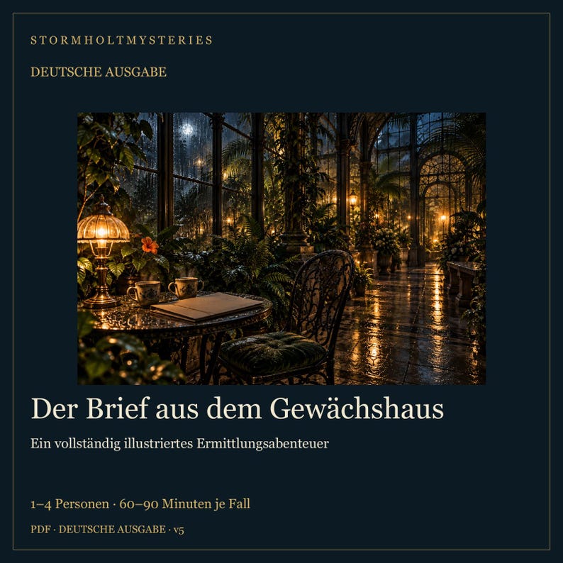 K&ouml;nnte beinhalten: Ein digitales Buchcover mit dem Titel Stormholt Mysteries: Der Brief aus dem Gew&auml;chshaus. Das Bild zeigt das Innere eines dunklen, verregneten Gew&auml;chshauses bei Nacht mit einer leuchtenden Lampe, zwei Tassen und einem Notizbuch auf einem Tisch.