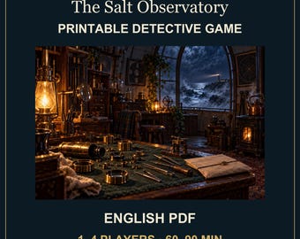 May include: Stormholt Mysteries The Salt Observatory printable detective game for 1-4 players with a 60-90 minute duration. The image shows a dark, detailed study with a desk covered in brass tools, a lantern, and a view of a stormy lighthouse.