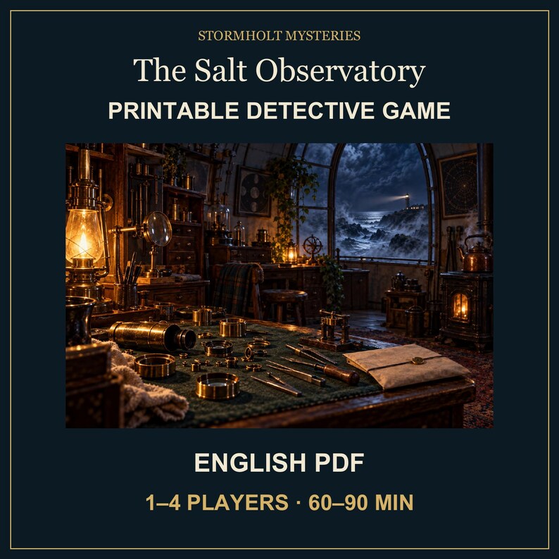 Puede incluir: Juego de detectives imprimible Stormholt Mysteries The Salt Observatory para 1-4 jugadores con una duraci&oacute;n de 60-90 minutos. La imagen muestra un estudio oscuro y detallado con un escritorio lleno de herramientas de lat&oacute;n, una linterna y un faro.