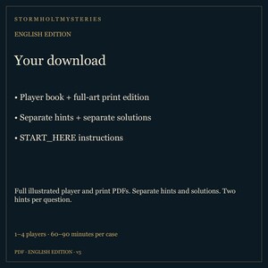 May include: A dark blue digital download information sheet for Stormholt Mysteries English Edition. It lists contents including a player book, full-art print edition, separate hints and solutions, and START_HERE instructions for 1-4 players.