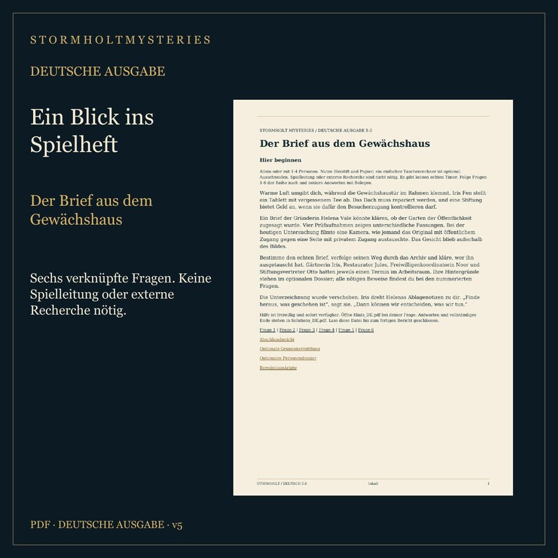 K&ouml;nnte beinhalten: Ein digitales Dokument mit dem Titel Stormholt Mysteries, Deutsche Ausgabe, das den Text Ein Blick ins Spielheft und Der Brief aus dem Gew&auml;chshaus enth&auml;lt. Die Seite zeigt Spielanleitungen, eine narrative Einleitung und nummerierte Fragen auf Deutsch.