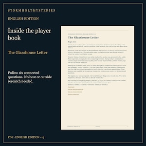 May include: A dark blue informational graphic for Stormholt Mysteries English Edition featuring the text Inside the player book, The Glasshouse Letter, and Follow six connected questions. No host or outside research needed. A document page is shown.