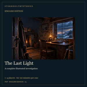 May include: The Last Light, a complete illustrated investigation game, features a dark blue cover with gold text. The central image depicts a cozy, dimly lit room with a fireplace, a wooden desk, a chair, and a window overlooking a stormy lighthouse.