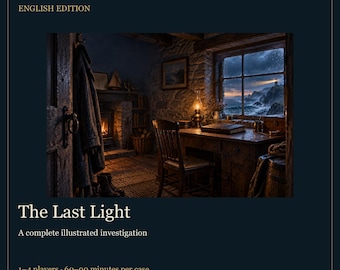 May include: The Last Light, a complete illustrated investigation game, features a dark blue cover with gold text. The central image depicts a cozy, dimly lit room with a fireplace, a wooden desk, a chair, and a window overlooking a stormy lighthouse.